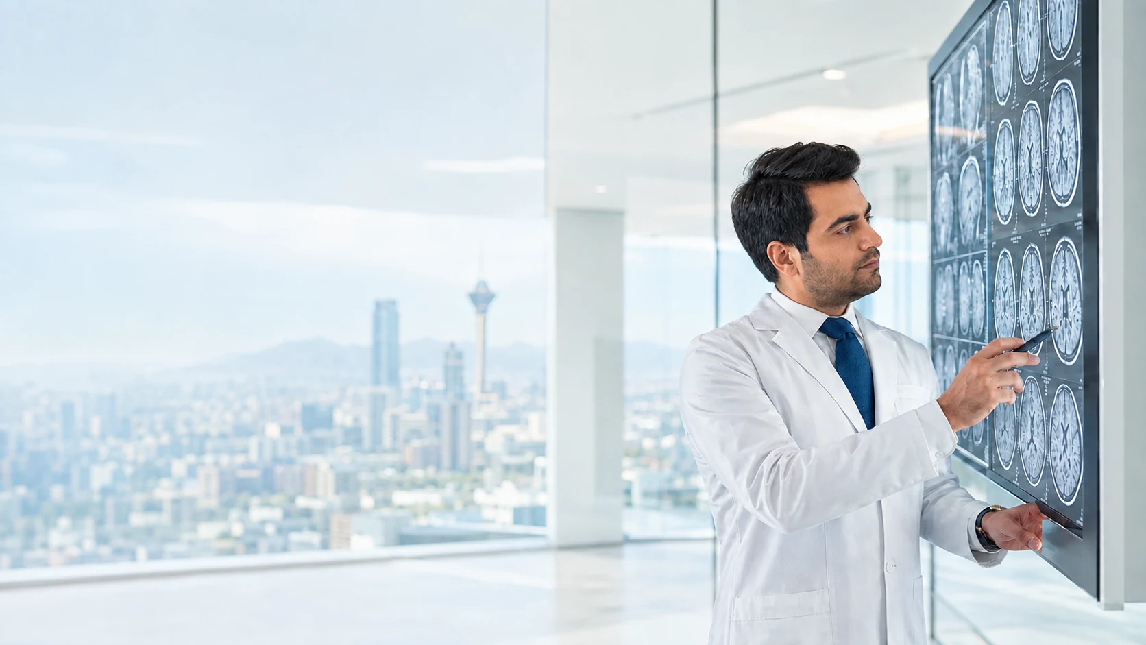 A physician in Tehran reviewing MRI scans